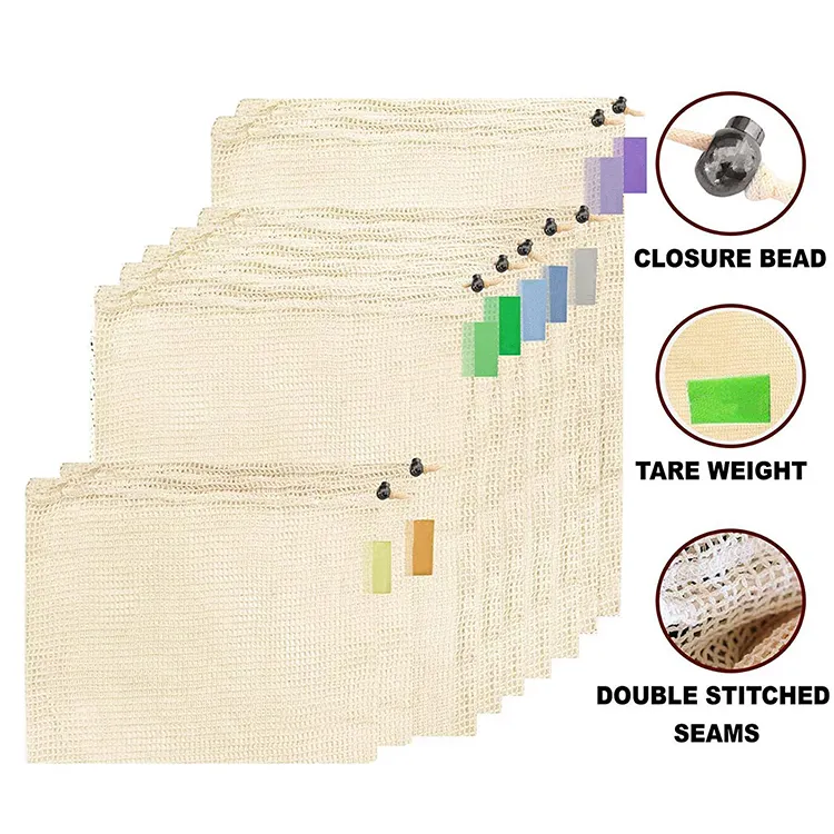 Customized Logo Eco-friendly Production Organic Breathable Food-grade Grocery Cotton Mesh Bags